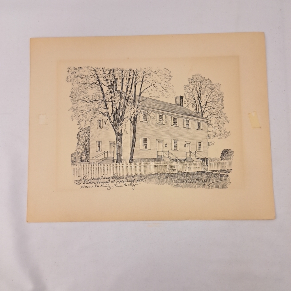 Vintage Charles H Overly Print Sketch Shaker Village Meeting House Harrodsburg